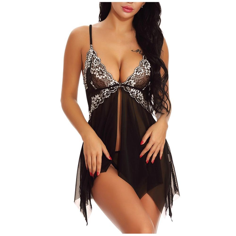 Sexy Lingerie Women Front Closure Babydoll Lace V Neck Mesh Sleepwear