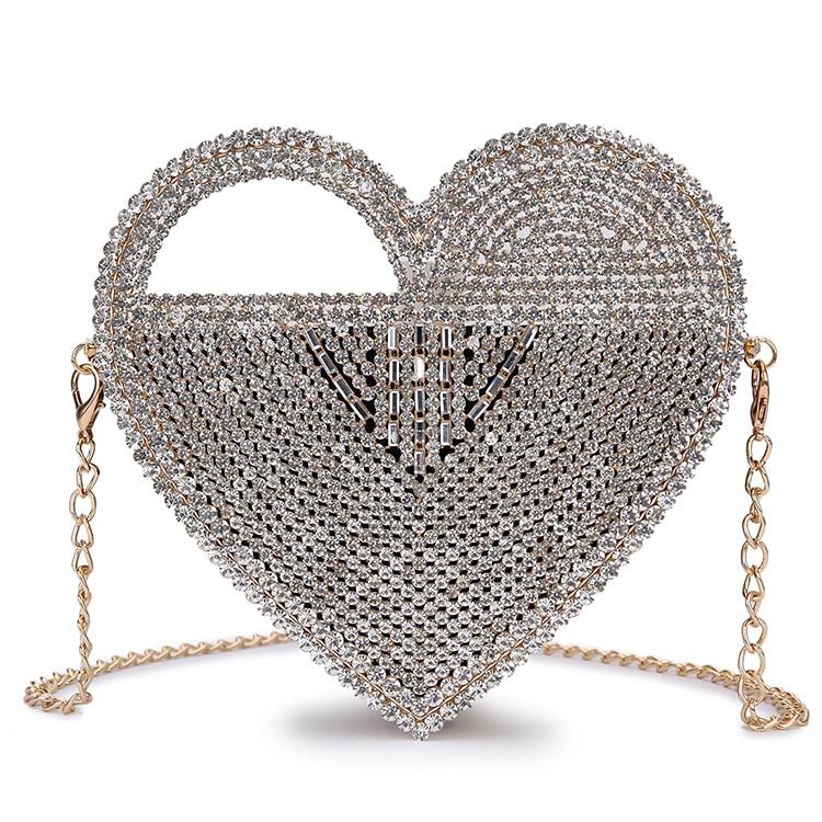 Luxury Stylish Ladies' Heart Shaped Rhinestones Clutch Bag With Metal Shoulder Chain