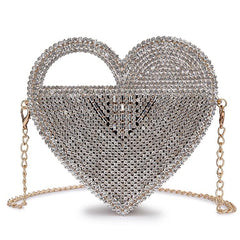 Luxury Stylish Ladies' Heart Shaped Rhinestones Clutch Bag With Metal Shoulder Chain