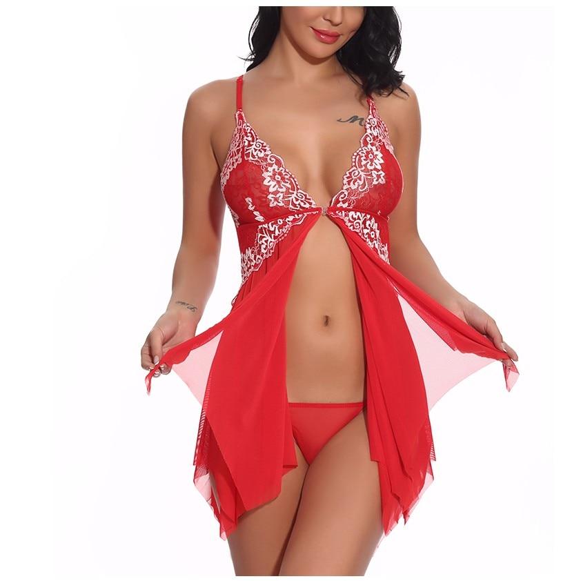 Sexy Lingerie Women Front Closure Babydoll Lace V Neck Mesh Sleepwear