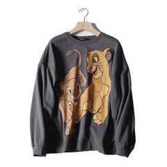 Casual Black Pink Lion King Print Women Hoodies Long Sleeve O Neck Ladies Sweatshirt Pullover