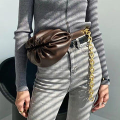 Stylish Women's Cowhide Waist Bag With Big Adjustable Metal Chains