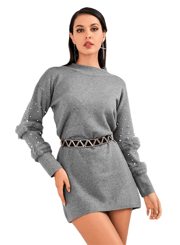 Gary Neck Pullover Feather Beade Trim Loose Long Sweater