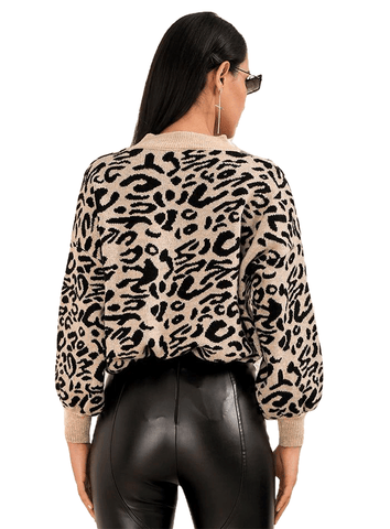 Pull col rond à manches longues et imprimé léopard noir taille unique
