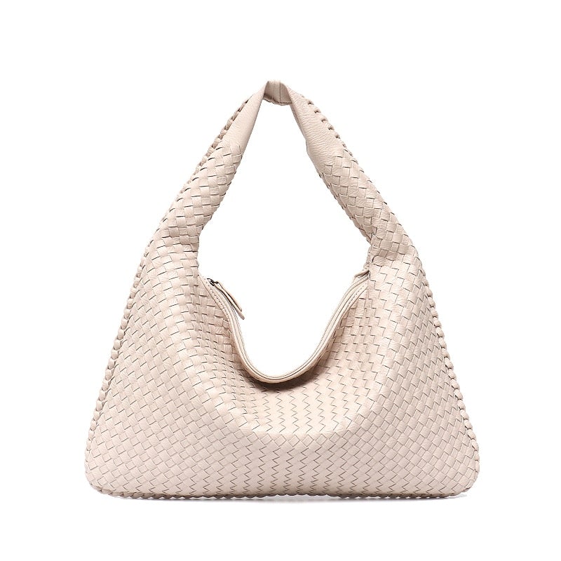 Leather Hobo Bag Handmade Woven Casual Female Handbag Big Capacity Patchwork Zipper Women Shoulder Bags