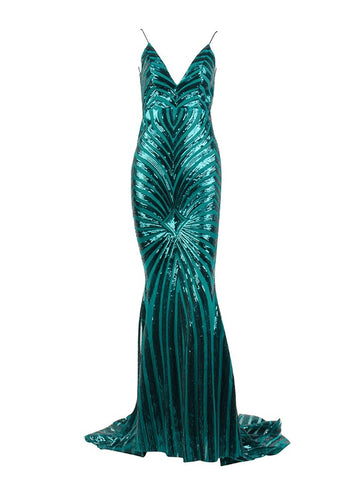 Sexy Green Deep V Neck Open Back Geometry Sequins Robe longue