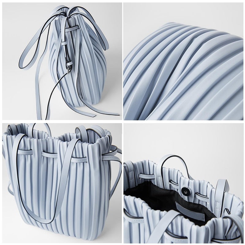 Stylish Women's Leather Bucket Bag With Pleated Stripe