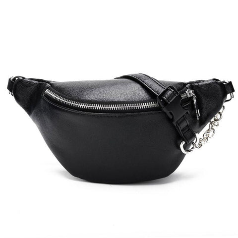 Fashionable Functional Female Leather Fannypack With Adjustable Strap & Metal Chain