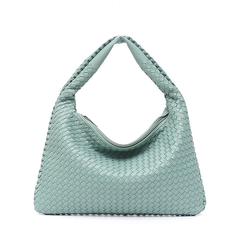 Leather Hobo Bag Handmade Woven Casual Female Handbag Big Capacity Patchwork Zipper Women Shoulder Bags
