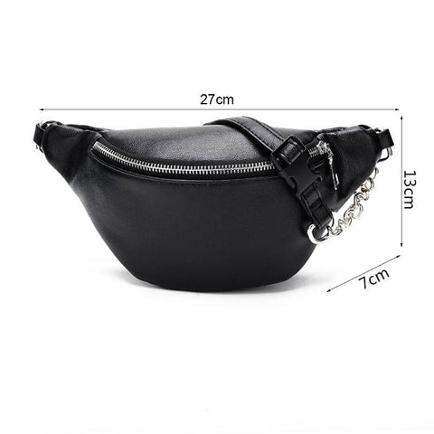 Fashionable Functional Female Leather Fannypack With Adjustable Strap & Metal Chain