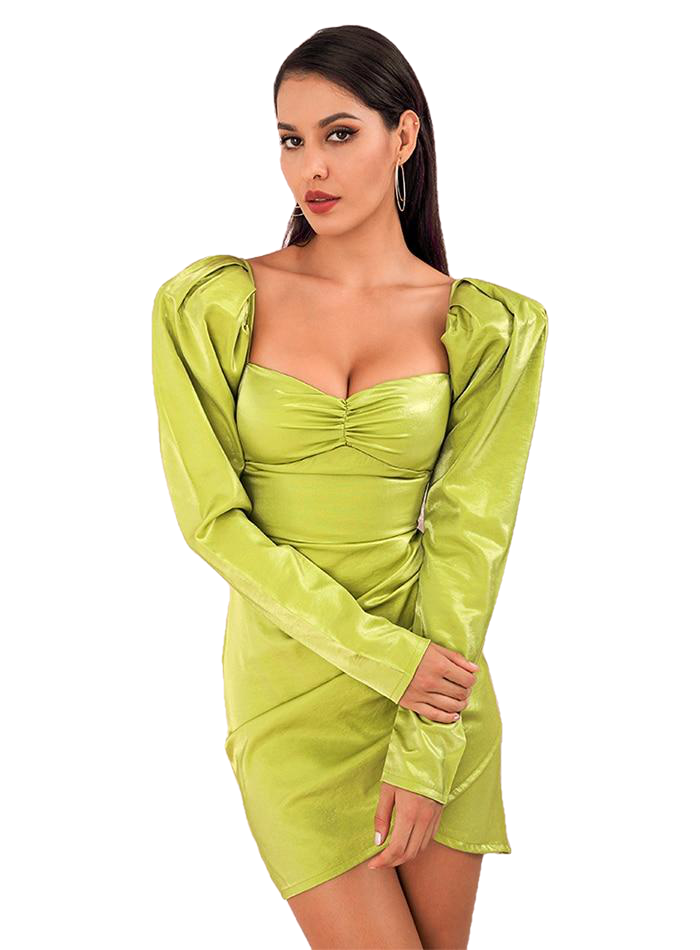 セクシーな緑のスクエアな襟は、女性のために熟考する材料党ミニ服装に長く袖をつけます