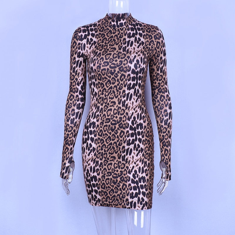 Long Sleeve High Neck Leopard Print Sexy Dress - Sheseelady
