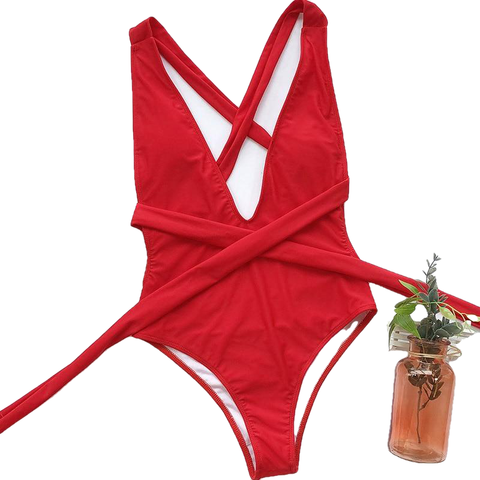 Hot Girls' Backless Plunge Swimsuit With Cross Bandage One Piece