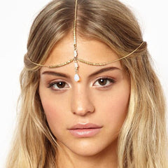 India Bohemian Gold Metal Leaves Tassel Rhinestone Head Chain Hair Jewelry For Women - Sheseelady