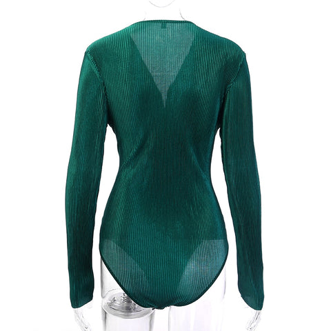 Chic Solid Color Long Sleeve V-neck Textured Bodysuit For Women