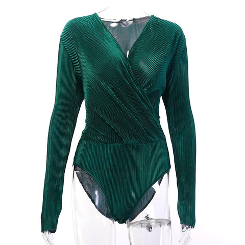 Sexy Long Sleeve V Neck Bodysuit para mulheres verão nova moda verde camisas com textura botão tops roupas elegantes playsuits