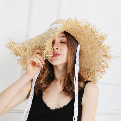 Lace Strap Straw Hat Bow Wide Grass Female Summer Cap Beach Visor Outdoor Holiday Sun Protection Collapsible