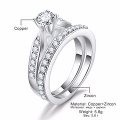 2Pcs/Lot Silver Double Rings Set Engagement Woman Cubic Zirconia Ring For Women Ladies Lover Party Wedding Jewelry - Sheseelady