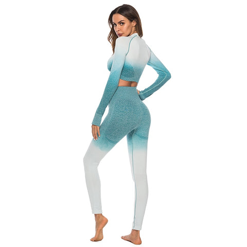 Fashion Fitness Leggings Ombre Seamless Crop Tops For Women Two Piece Set Sportswear Sweatshirt Tracksuit Women Sets - Sheseelady