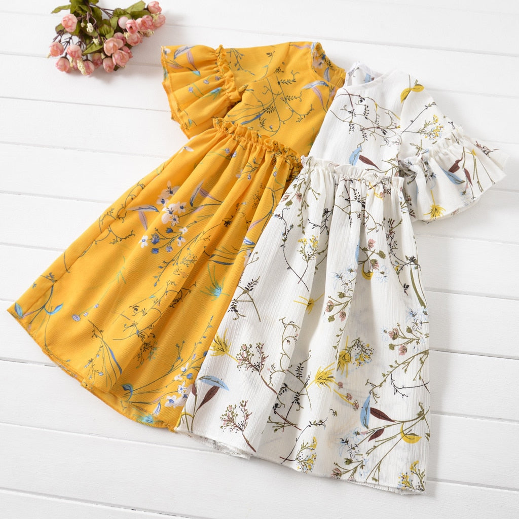 Casual Flare Sleeve Floral Print Girls Kids Dresses - Sheseelady