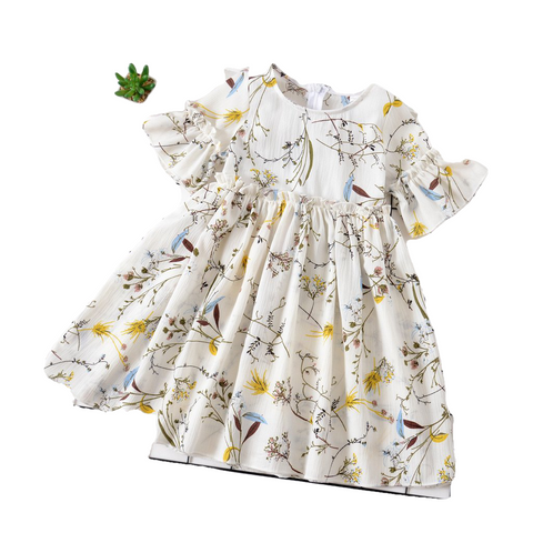 Casual Flare Sleeve Floral Print Girls Kids Dresses - Sheseelady