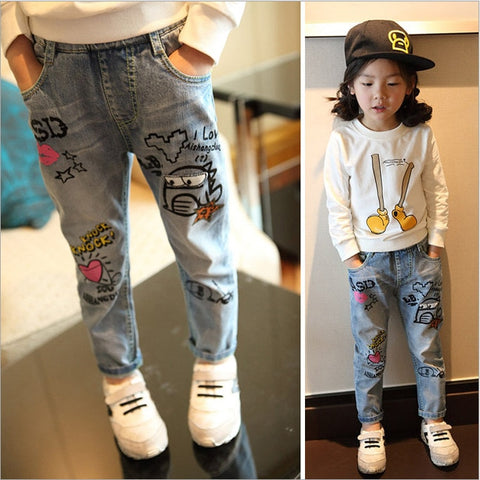 Graffiti Washed Trousers And Denim Pants For Kids Girl