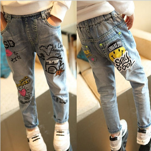 Graffiti Washed Trousers And Denim Pants For Kids Girl