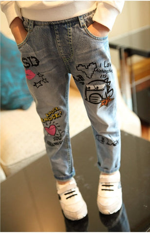 Graffiti lavado calças e calças jeans para crianças menina