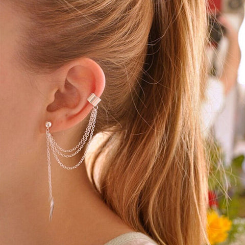 1Pc Little Gems Rhinestone Punk Rock Style Women Young Gift Leaf Chain Tassel Earrings Gold, Silver