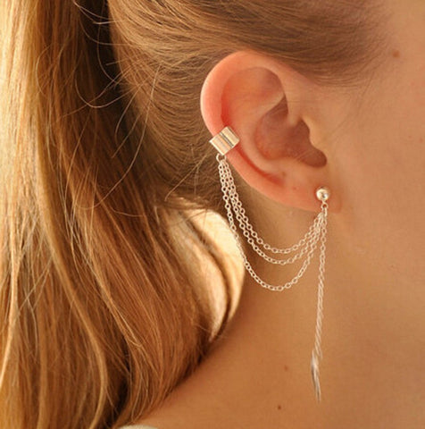 1Pc Little Gems Rhinestone Punk Rock Style Women Young Gift Leaf Chain Tassel Earrings Gold, Silver