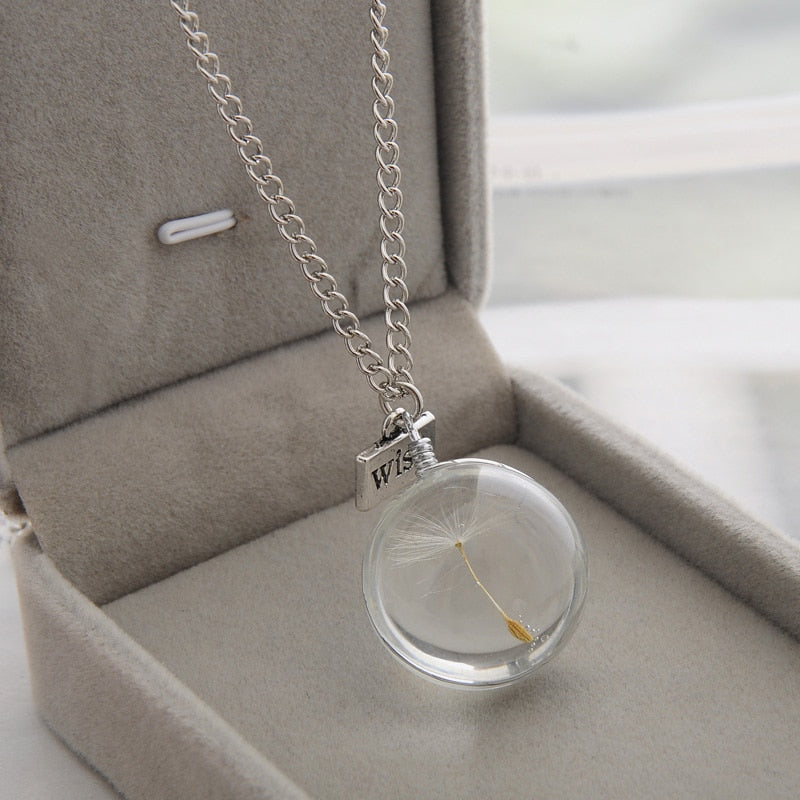 Colliers souhait réel pissenlit cristal collier verre rond pendentifs collier argent chaîne collier ras du cou pour les femmes