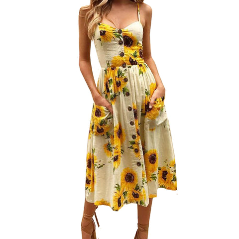 Summer Casual Ladies' V-neck Sleeveless Knee Length Dress With Print Floral