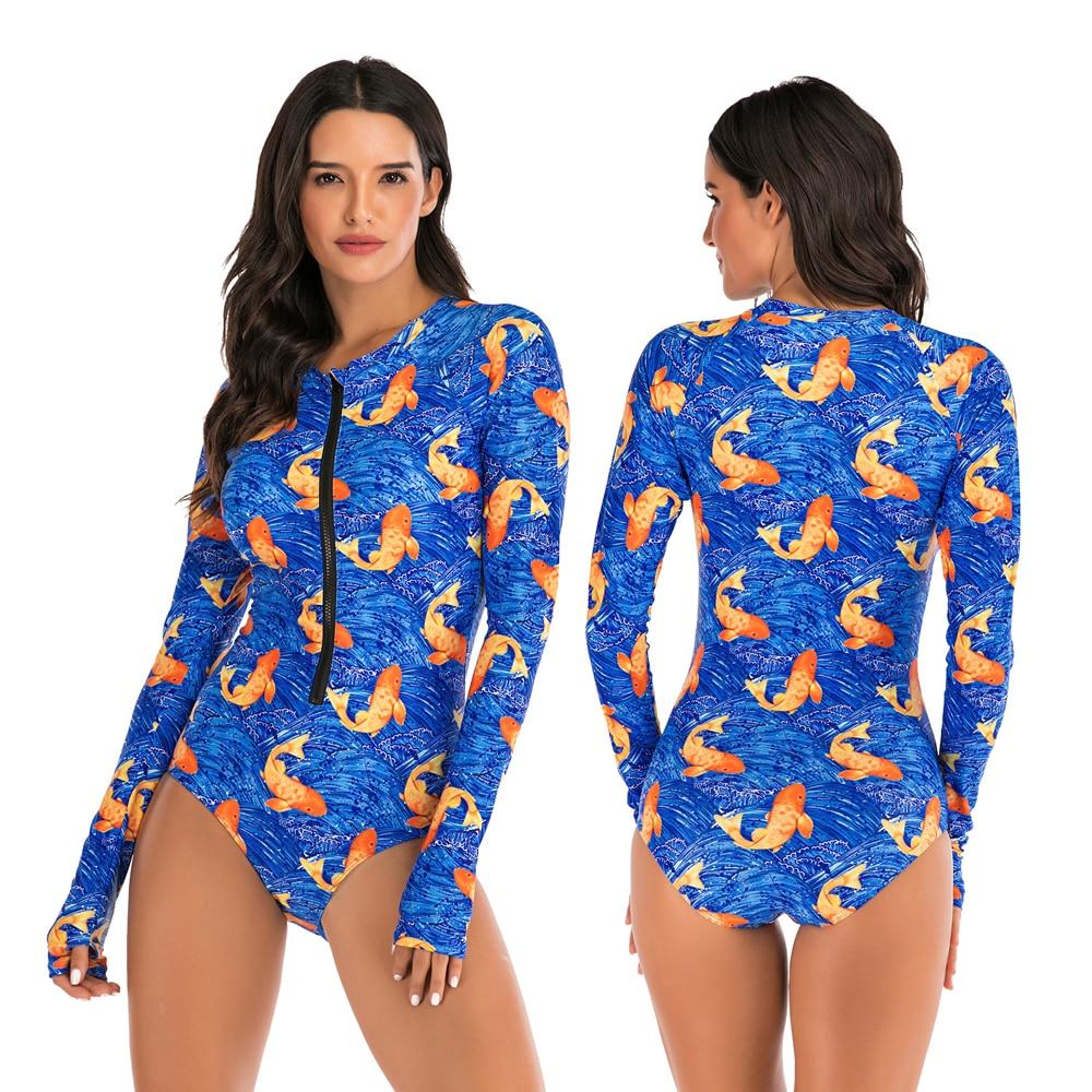 Stylish Ladies' Print Long Sleeve Rash Guard With Zipper One Piece