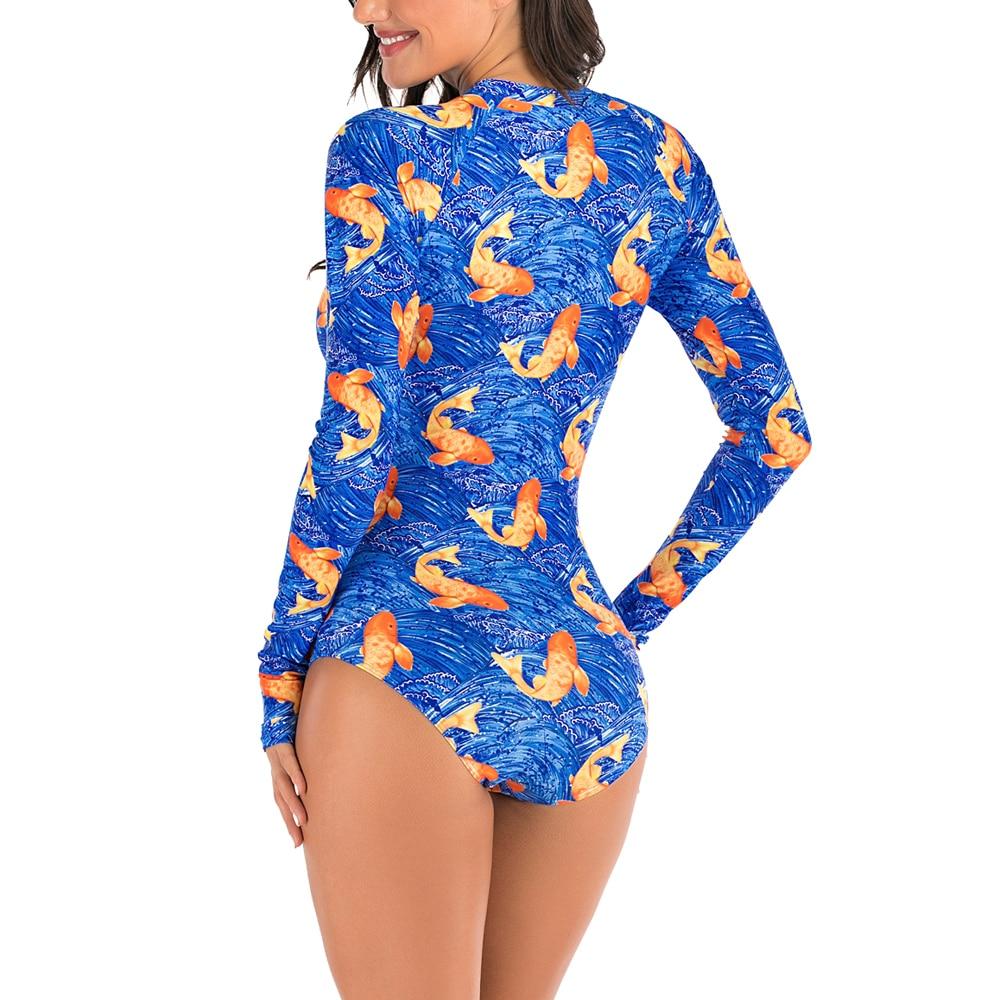 Stylish Ladies' Print Long Sleeve Rash Guard With Zipper One Piece