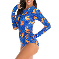 Stylish Ladies' Print Long Sleeve Rash Guard With Zipper One Piece