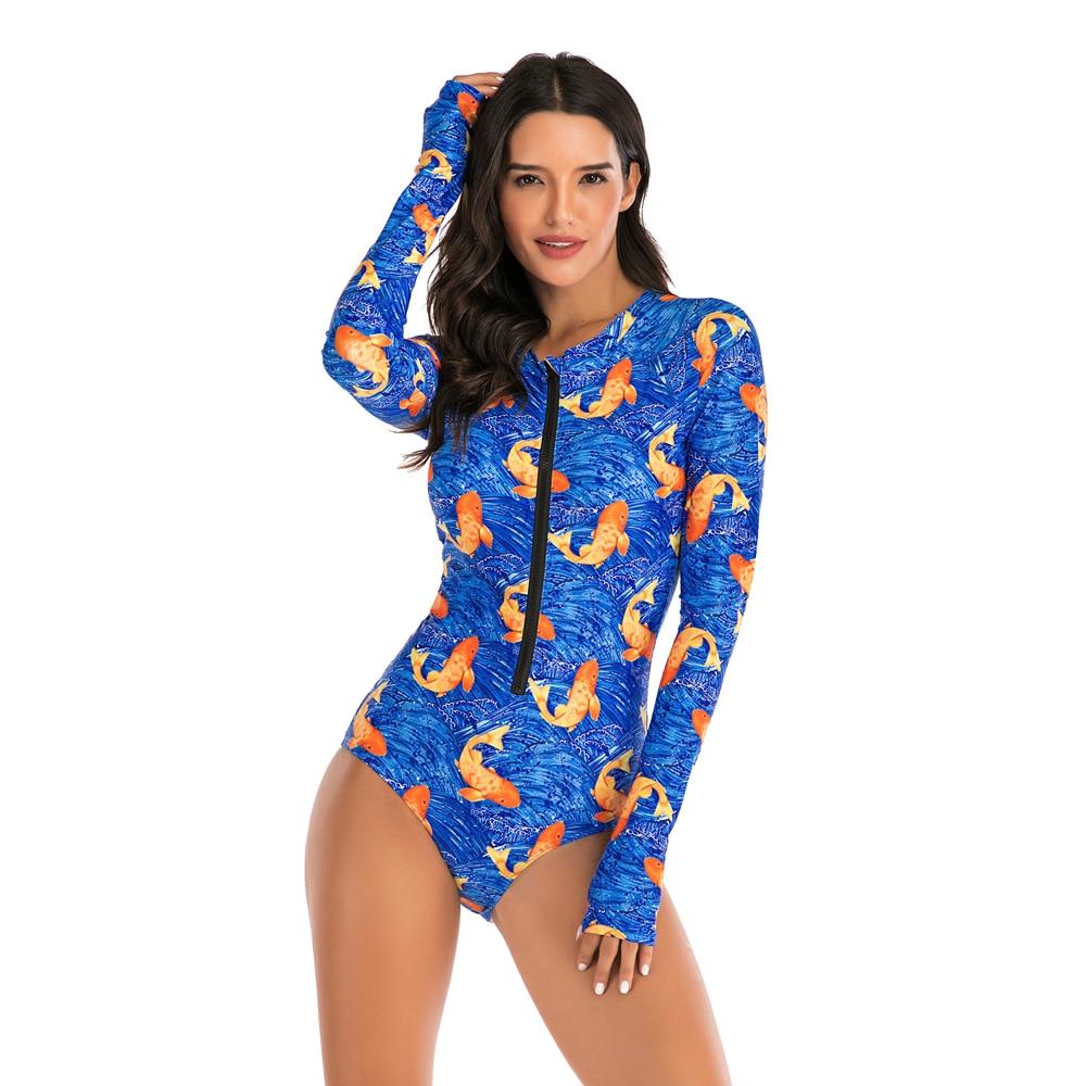 Stylish Ladies' Print Long Sleeve Rash Guard With Zipper One Piece