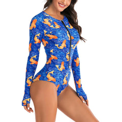 Stylish Ladies' Print Long Sleeve Rash Guard With Zipper One Piece