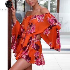 Lily Rosie Girl Off Shoulder Flare Sleeve Summer Playsuit Print Floral Boho Beach Playsuit Women Orange Short Jumpsuit Rompers - Sheseelady