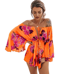 Lily Rosie Girl Off Shoulder Flare Sleeve Summer Playsuit Print Floral Boho Beach Playsuit Women Orange Short Jumpsuit Rompers - Sheseelady