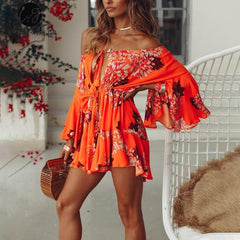 Lily Rosie Girl Off Shoulder Flare Sleeve Summer Playsuit Print Floral Boho Beach Playsuit Women Orange Short Jumpsuit Rompers - Sheseelady