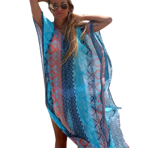 Chic Geometric Pattern V-neck Chiffon Long Swimwear Robe For Female