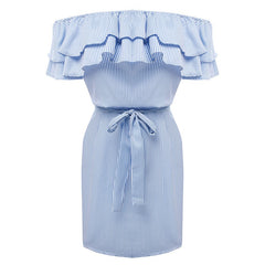 Summer Casual Sexy Ruffle Collar Off-the-shoulder A-Line Stripe Print Lace-up Sundress