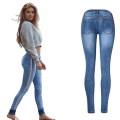 Low Waist Fashion Side Stripe Skinny Jeans - Sheseelady