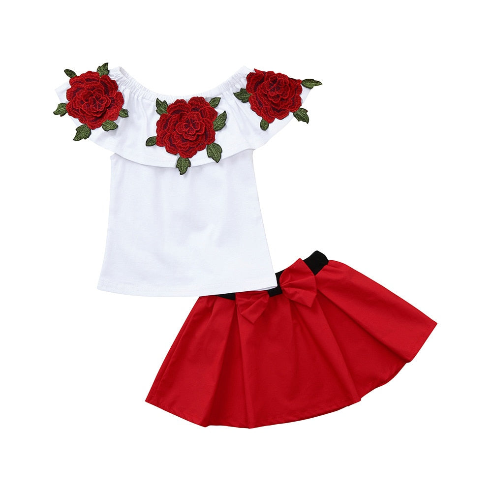 Baby Girls Clothes Suit Set 2Pcs Toddler Baby Girls Sleeveless Off Shoulder Embroidery Rose Tops+Skirts Outfits - Sheseelady