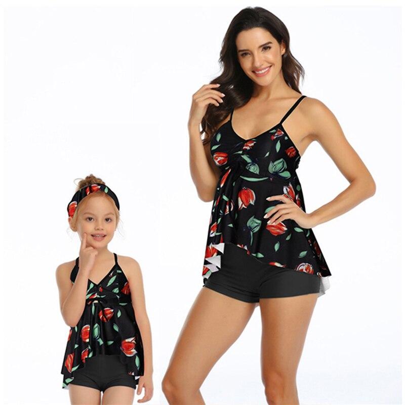 Fashionable Family Matching High Waist Beachwear With Sling Ruffle For Mom & Daughter