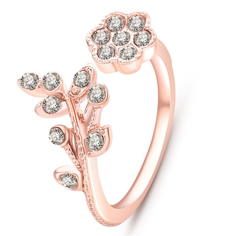 Twisted Leaves Flower Rhinestone Open Ring Rose Gold Color Finger For Women Statement Adjustable