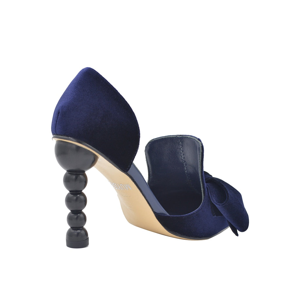 Navy Blue Marque Designer Femmes Chaussures Pearl High Heel Pointed Toe Velvet Bow 9 Cm Stiletto Party Shoes Escarpins