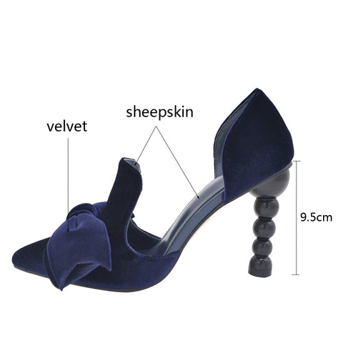 Navy Blue Brand Designer Women Shoes Pearl High Heel Pointed Toe Velvet Bow 9 Cm Stiletto Party Pumps