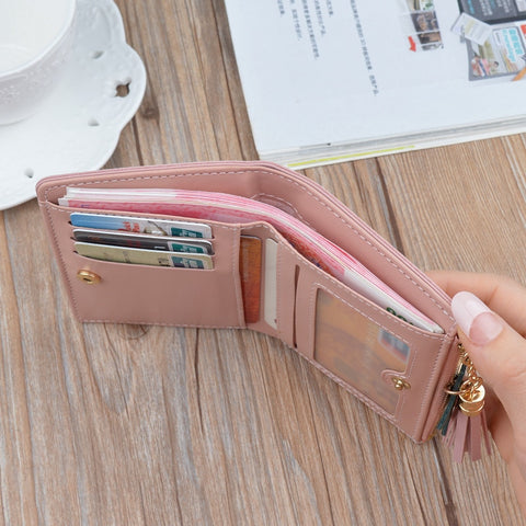 Trendy Lovely Patchwork Zippered Leather Wallet With Tassel For Ladies