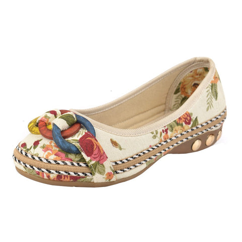 New Flowers Bowknot Handmade Shoes Women'S Floral Soft Flat Bottom Casual Sandals Folk Style Women
